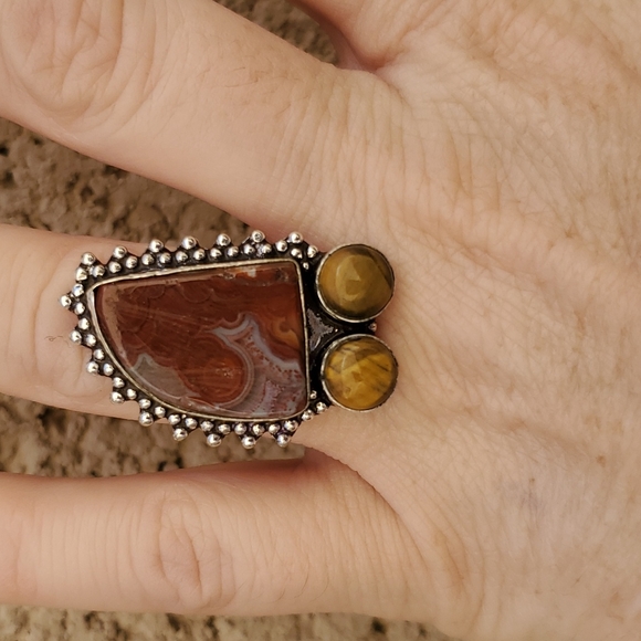New Lake Superior Agate & Tiger Eye 925 Silver Ring. - Picture 4 of 13